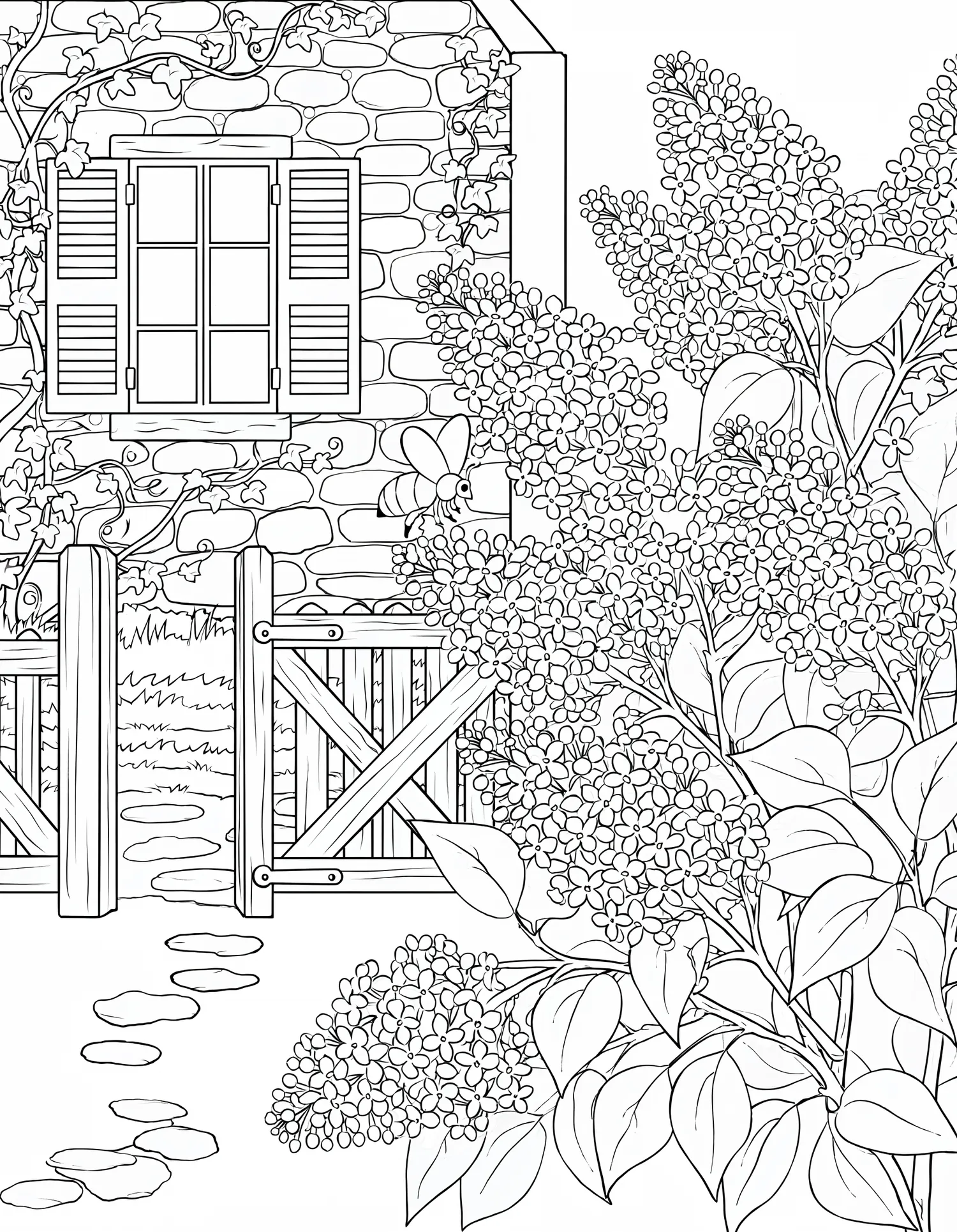 Lilas en Fleurs Jardin de Campagne — Coloriage paysage à imprimer gratuitement